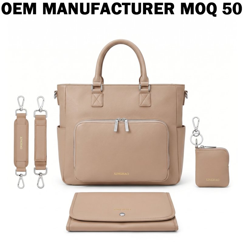 Manufacturer customized factory pure vegan leather mother diaper changing handbag baby diaper handbag with baby stroller shoulder strap