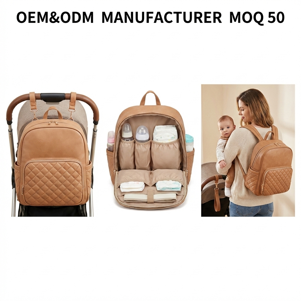 Customized premium light brown waterproof mother hospital diaper bag PU leather baby bag diaper backpack with quilted design