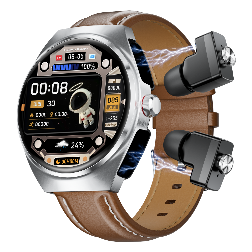 2025 Best New Smart Watch Leather Strap, 2-in-1 Earbuds and Fitness Tracker with Heart Rate Monitor