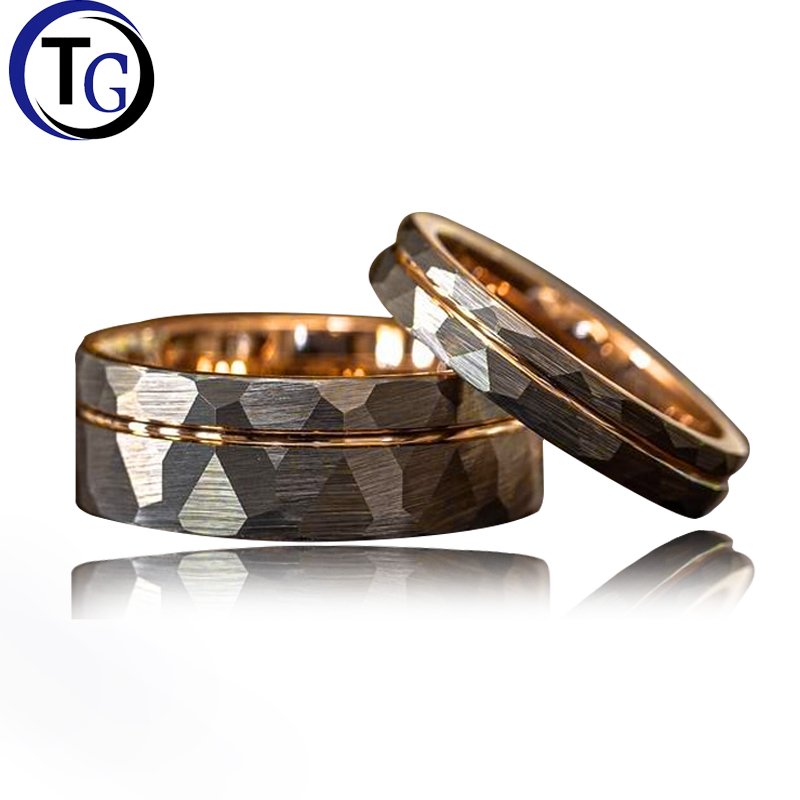 TG rose gold couple tungsten carbide ring brushed finish with hammer texture curved dome for comfortable fit and fashionable accessories inside