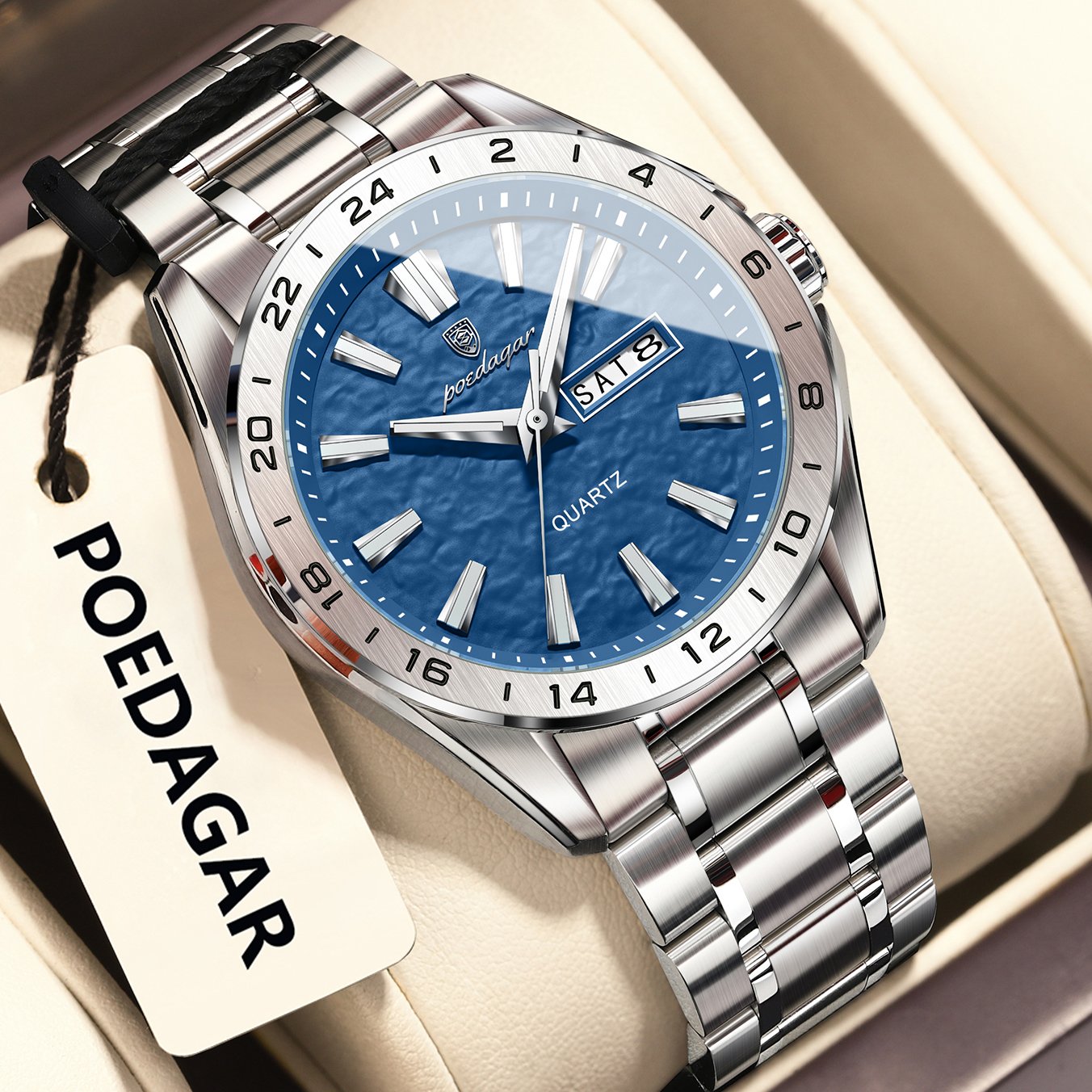 Poedagar 683 Double Calendar Waterproof Night Light Watch Men's Business Round Dial Stainless Steel Strap Men's Quartz Watch