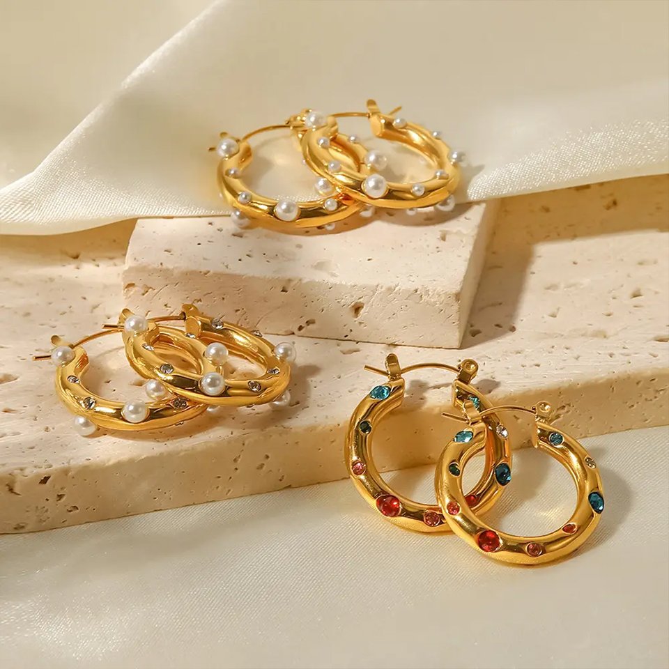 EManco's new stainless steel high-end rhinestone ring earrings, retro artificial pearl women's jewelry anniversary commemorative shipping