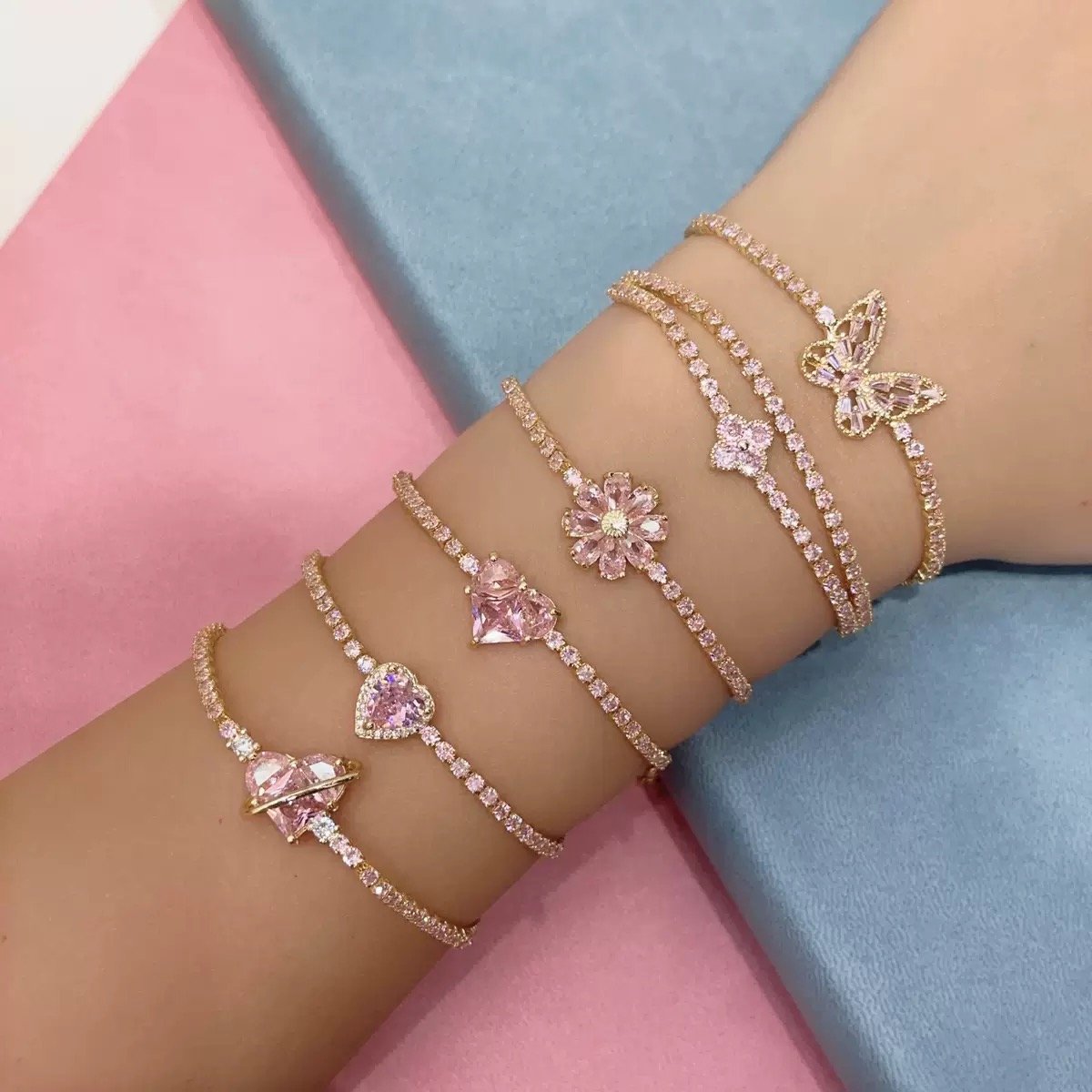 珠宝套装 女士闪亮不锈钢 18K 金锆石四叶草蝴蝶结蝴蝶手链